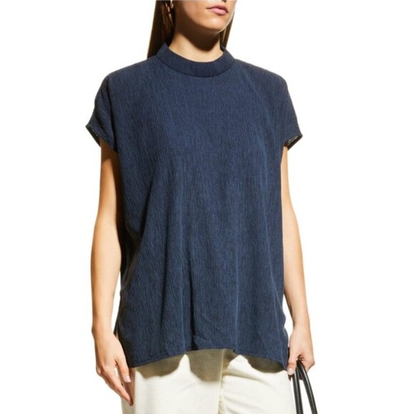 Eileen Fisher Deep Adriatic Woven Plissé Mock-Neck Top Size Large - Picture 1 of 10